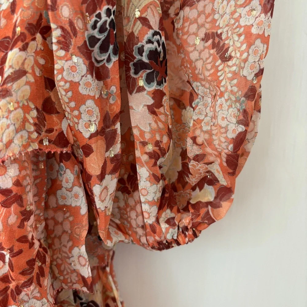 Ulla‎ Johnson Tamara Dress Silk Mini Metallic Floral Print Coral Size 2 Tiered